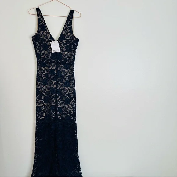 New Belle Badgley Mischka Dress navy Blue Lace Overlay Maxi Evening - Picture 6 of 10